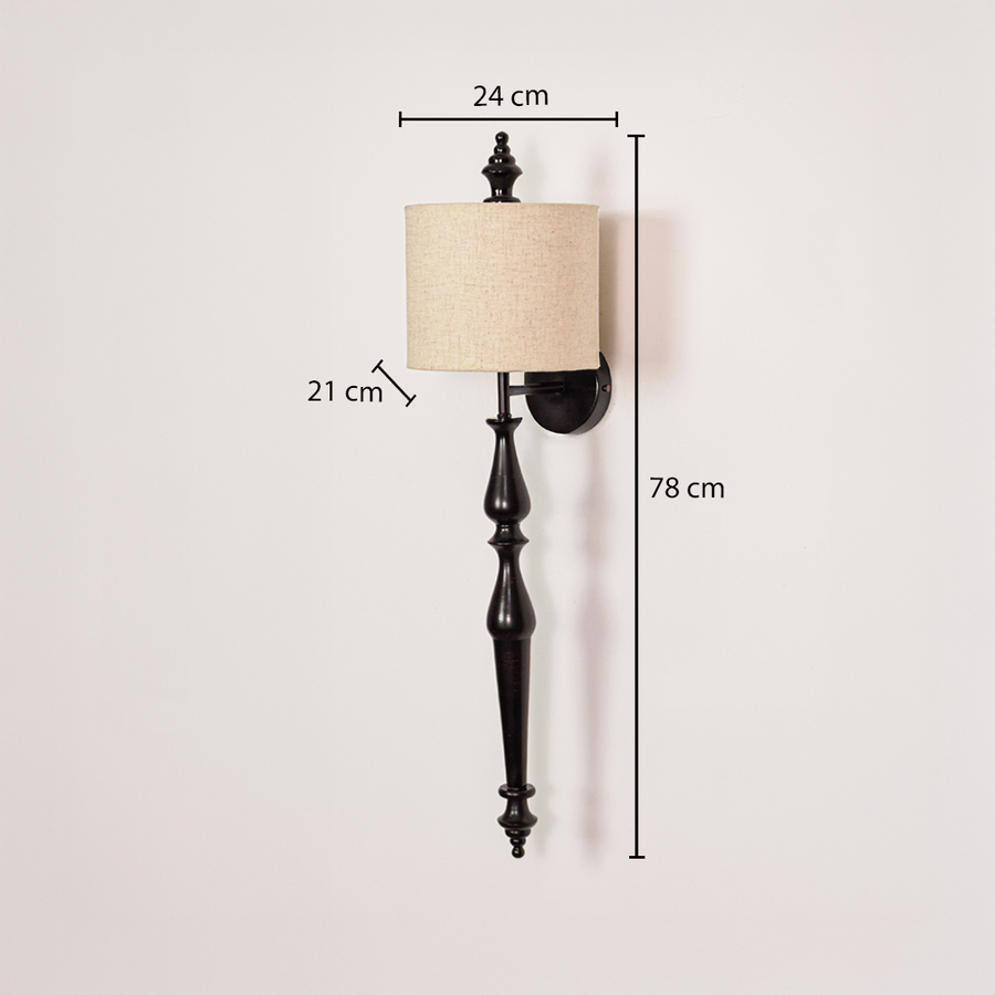 Lamp styled wall light dimensions image showing 78 cm height with 24 cm shade width and 21 cm depth highlighting the slim black metal wall light design.