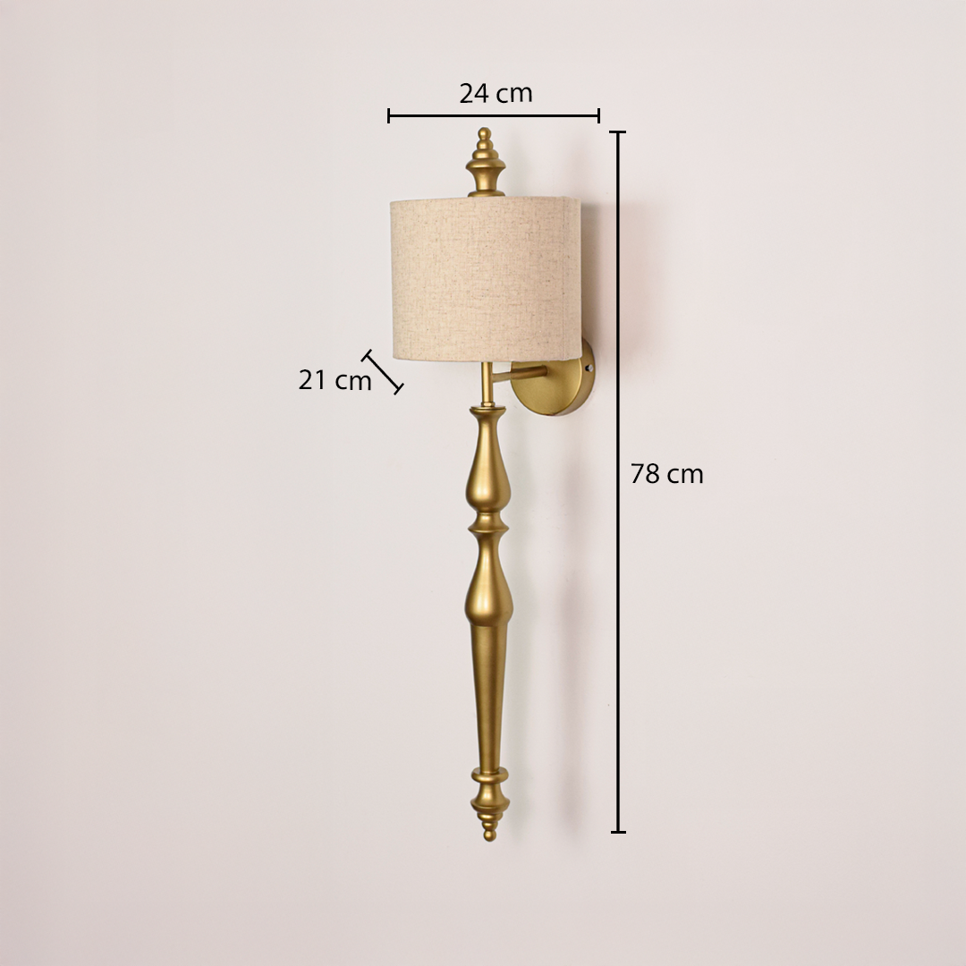 Lamp styled wall light dimensions image showing 78 cm height with 24 cm shade width and 21 cm depth highlighting the slim gold metal wall light design.