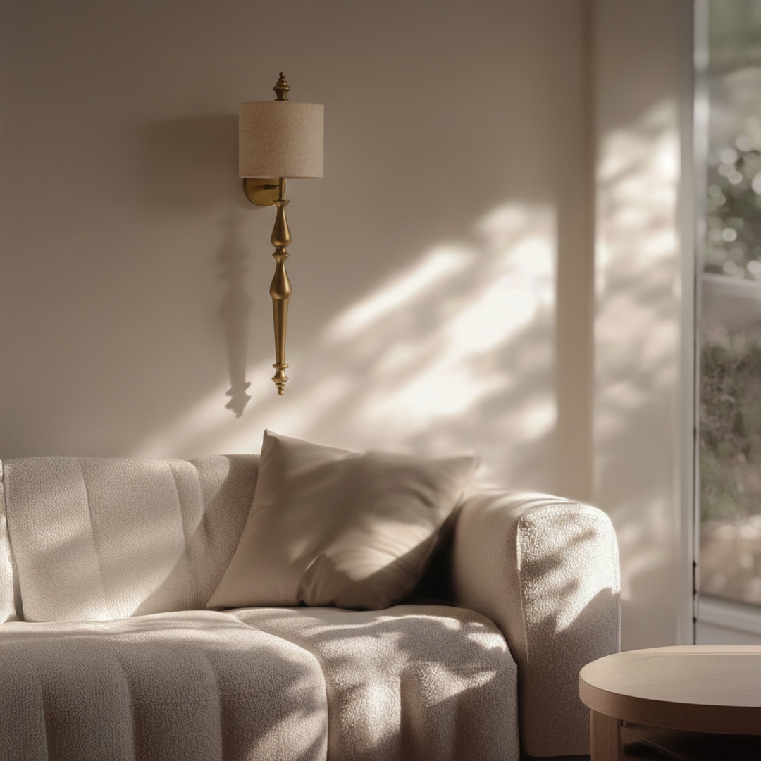 Lamp styled wall light glowing above soft beige sofa with gold metal stem and fabric shade creating warm ambient luxury Decor in living room.