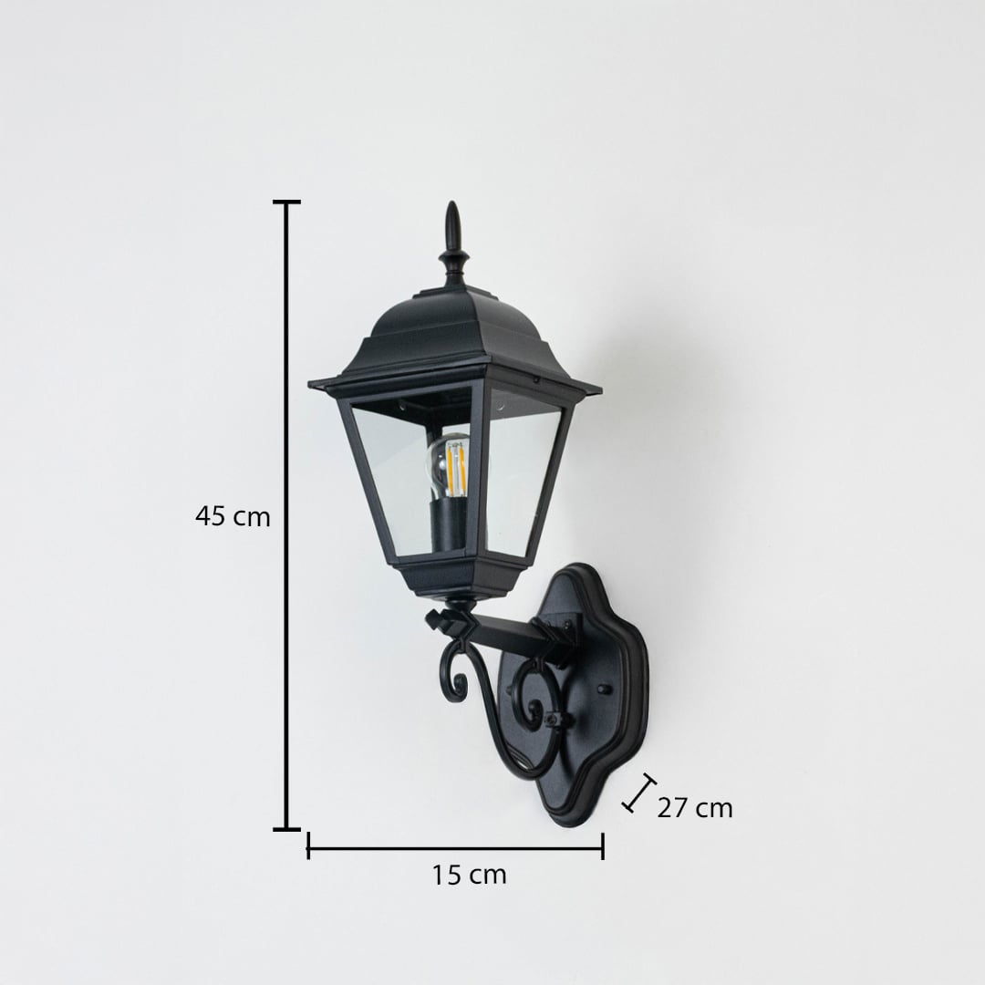 Outdoor black lantern measuring 45 cm in height and 27 cm in depth featuring a decorative curved bracket and sleek design.