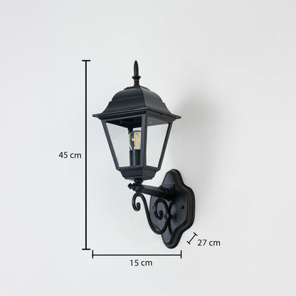Outdoor black lantern measuring 45 cm in height and 27 cm in depth featuring a decorative curved bracket and sleek design.
