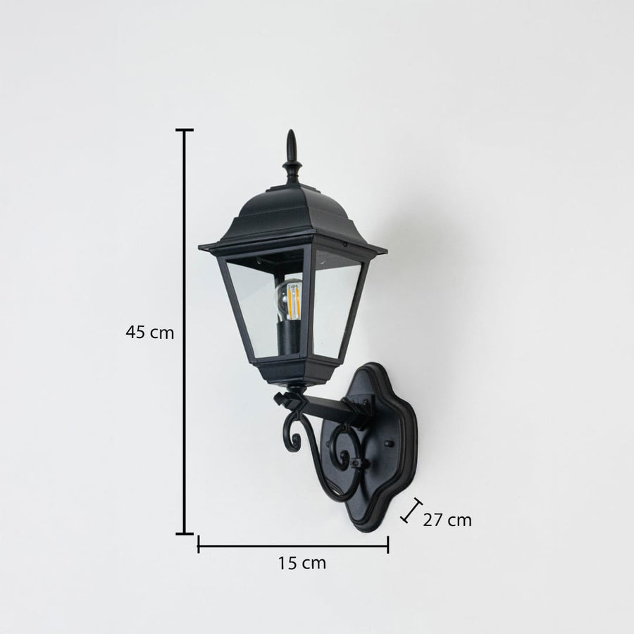 Outdoor black lantern measuring 45 cm in height and 27 cm in depth featuring a decorative curved bracket and sleek design.