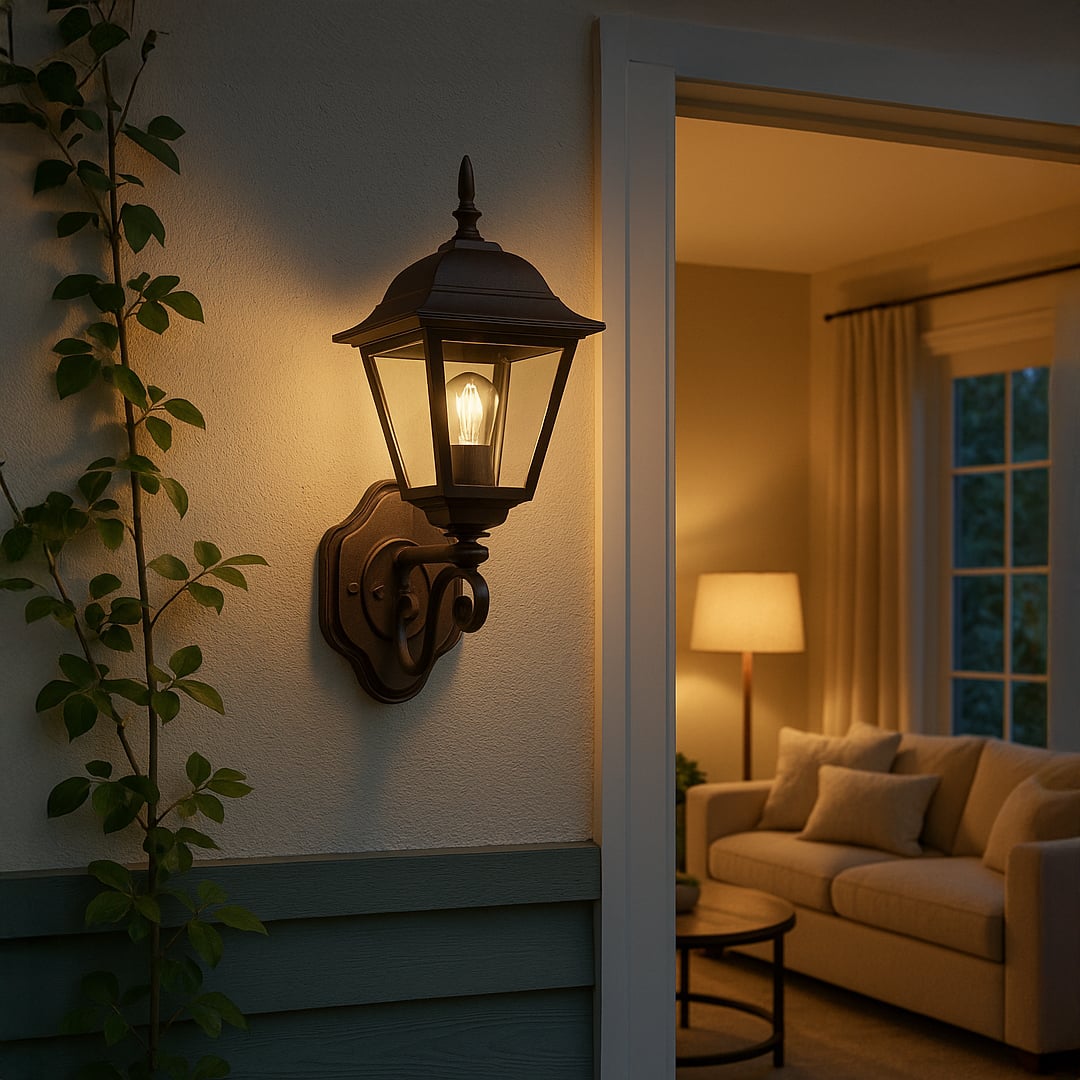 Black metal outdoor wall lantern with clear glass panels mounted on exterior wall adding classic charm and secure entry lighting.