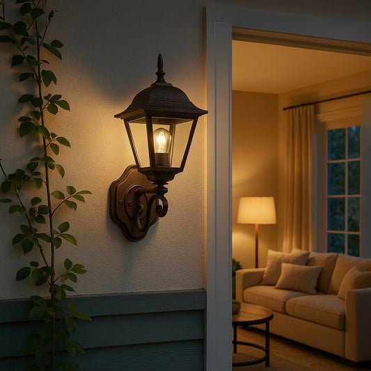 Black metal outdoor wall lantern with clear glass panels mounted on exterior wall adding classic charm and secure entry lighting.