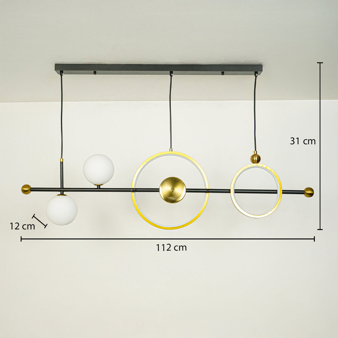 Modern linear chandelier with circular LED rings and white globe lights on black rod 112 cm width 31 cm height 12 cm depth ideal for dining room lighting.