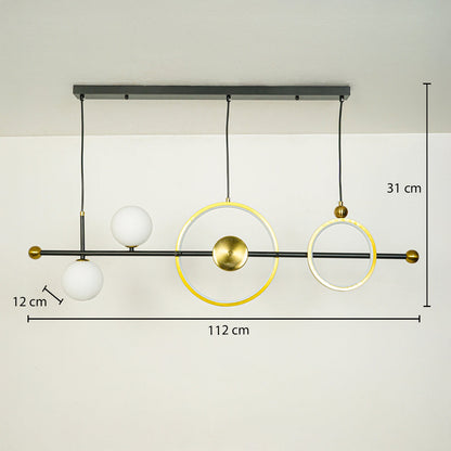 Modern linear chandelier with circular LED rings and white globe lights on black rod 112 cm width 31 cm height 12 cm depth ideal for dining room lighting.