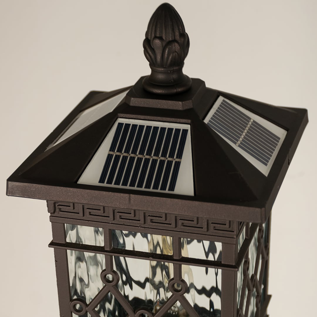 Closeup of black solar outdoor gate light with dual solar panels for modern exterior decor styling.