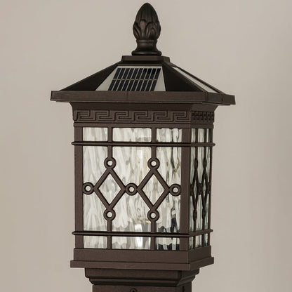 Closeup of black solar outdoor gate light with dual solar panels for luxury exterior decor styling.