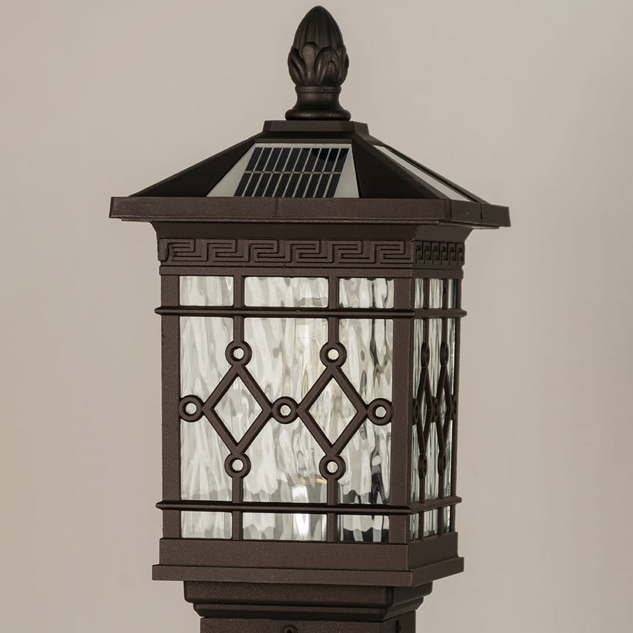 Closeup of black solar outdoor gate light with dual solar panels for luxury exterior decor styling.