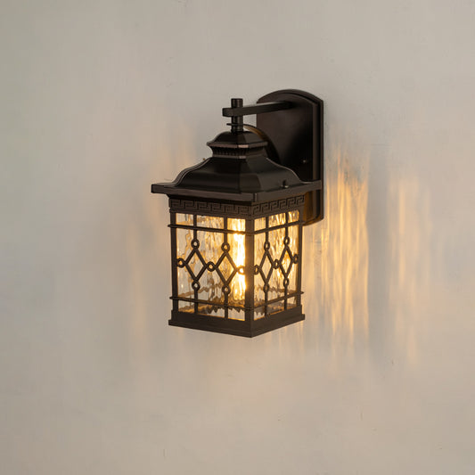 Modern black rectangular outdoor wall lantern on white background with geometric lattice water glass shade for patio.