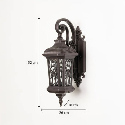 Antique bronze wall lantern dimension image showing 52cm by 26cm by 18cm measurements for elegant entry placement.