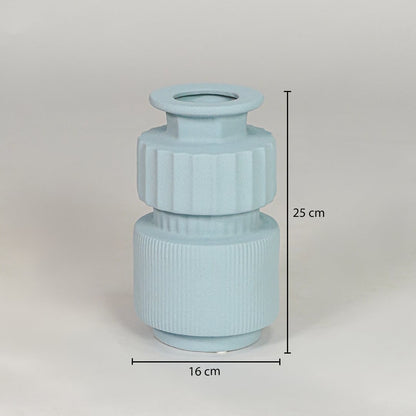 Light blue ceramic decorative vase size 25 cm height 16 cm length modern ribbed flower vase dimension image for product reference.