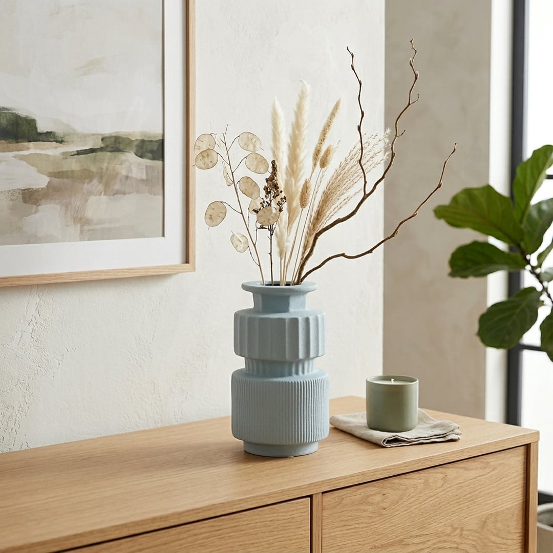 Light blue ceramic decorative flower vase placed on wooden cabinet with dried flowers modern living room home decor styling idea.
