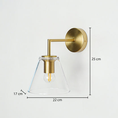 Gold metal glass wall light with 25 cm height 22 cm width and 17 cm depth for modern bedroom and hallway home decor spaces.