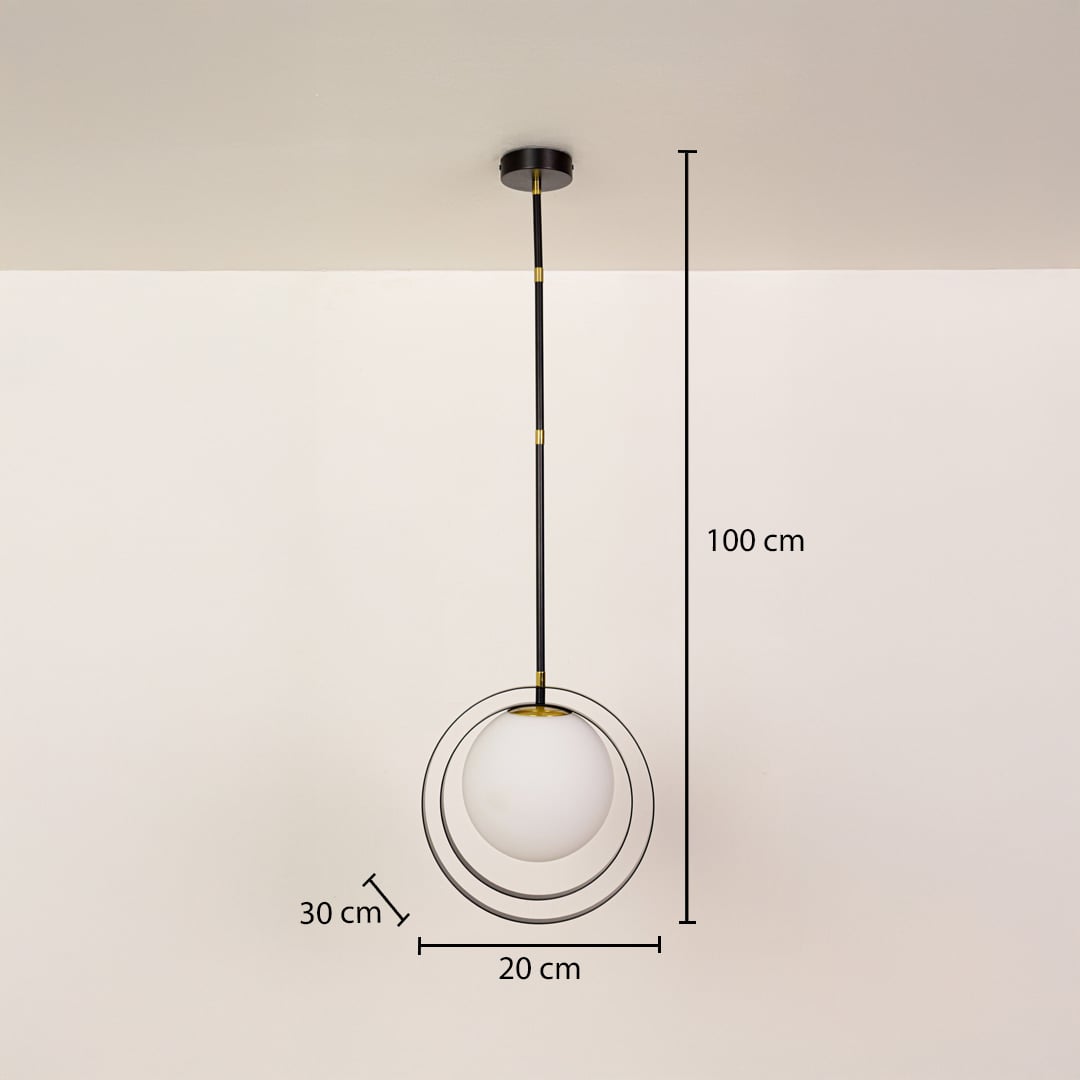 Black ring pendant light with white globe shown with 20 cm width 30 cm depth and 100 cm height for stylish ceiling lighting.