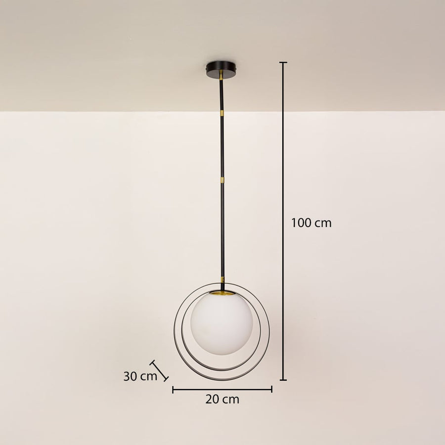 Black ring pendant light with white globe shown with 20 cm width 30 cm depth and 100 cm height for stylish ceiling lighting.