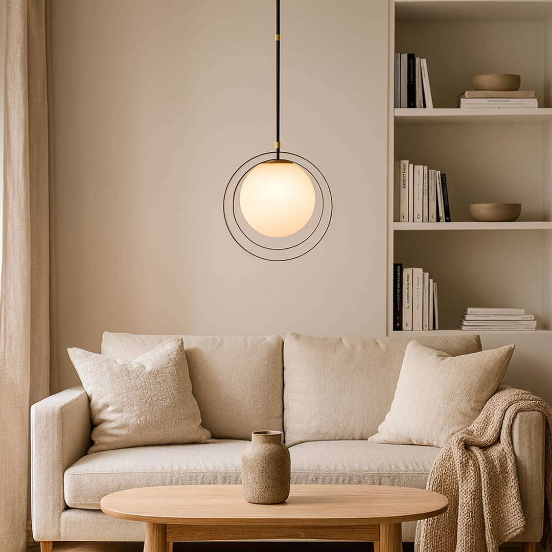 Modern pendant ceiling light with glowing glass globe hanging in a stylish living room setting with abstract wall art and minimal decor.