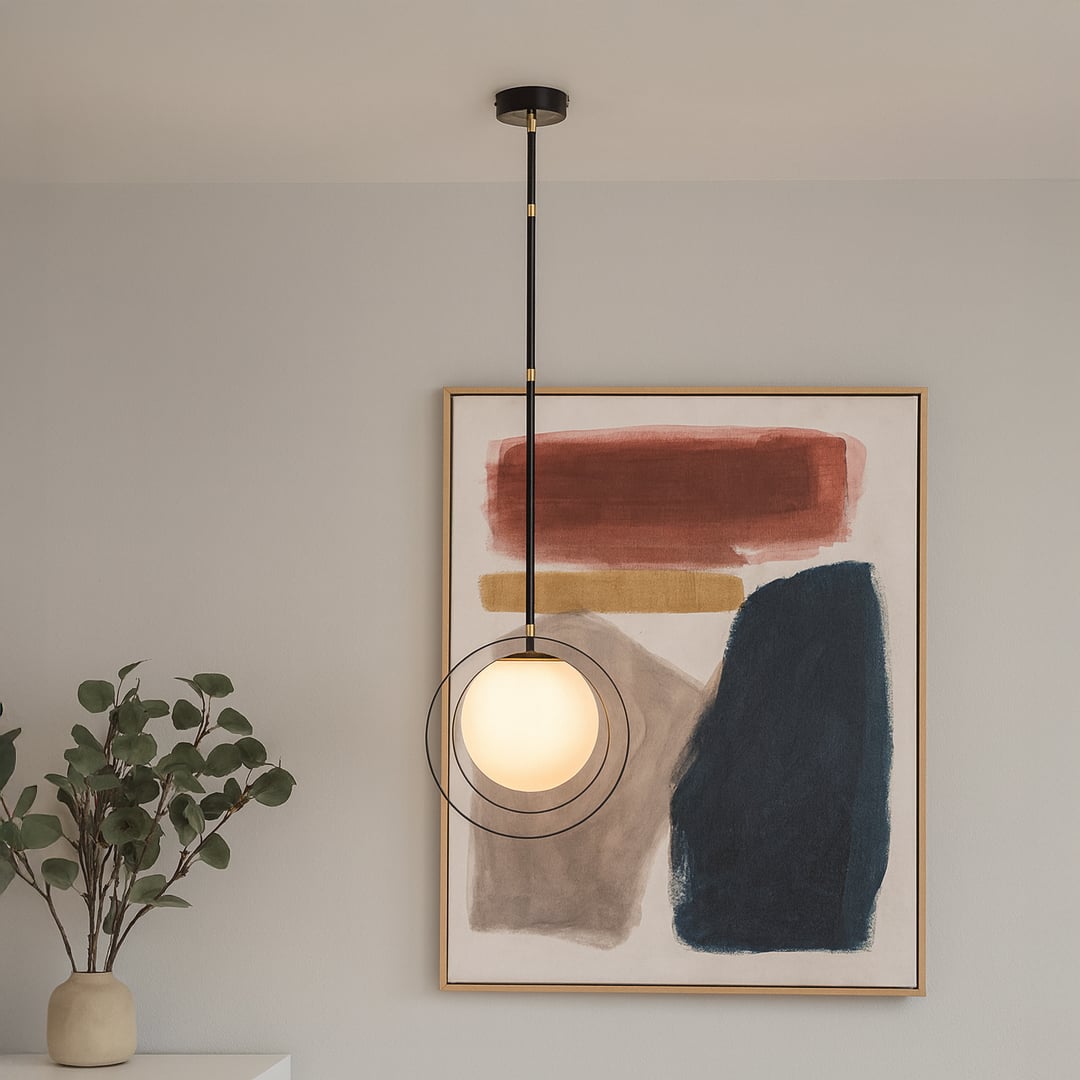 Elegant hanging pendant lamp with warm light showcased in a contemporary interior featuring framed artwork and decorative plant accents.