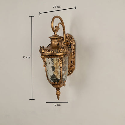 A gold antique outdoor lantern shown on a white background with measurements clearly marked displaying height 52 cm width 19 cm and wall extension 26 cm for accurate installation.