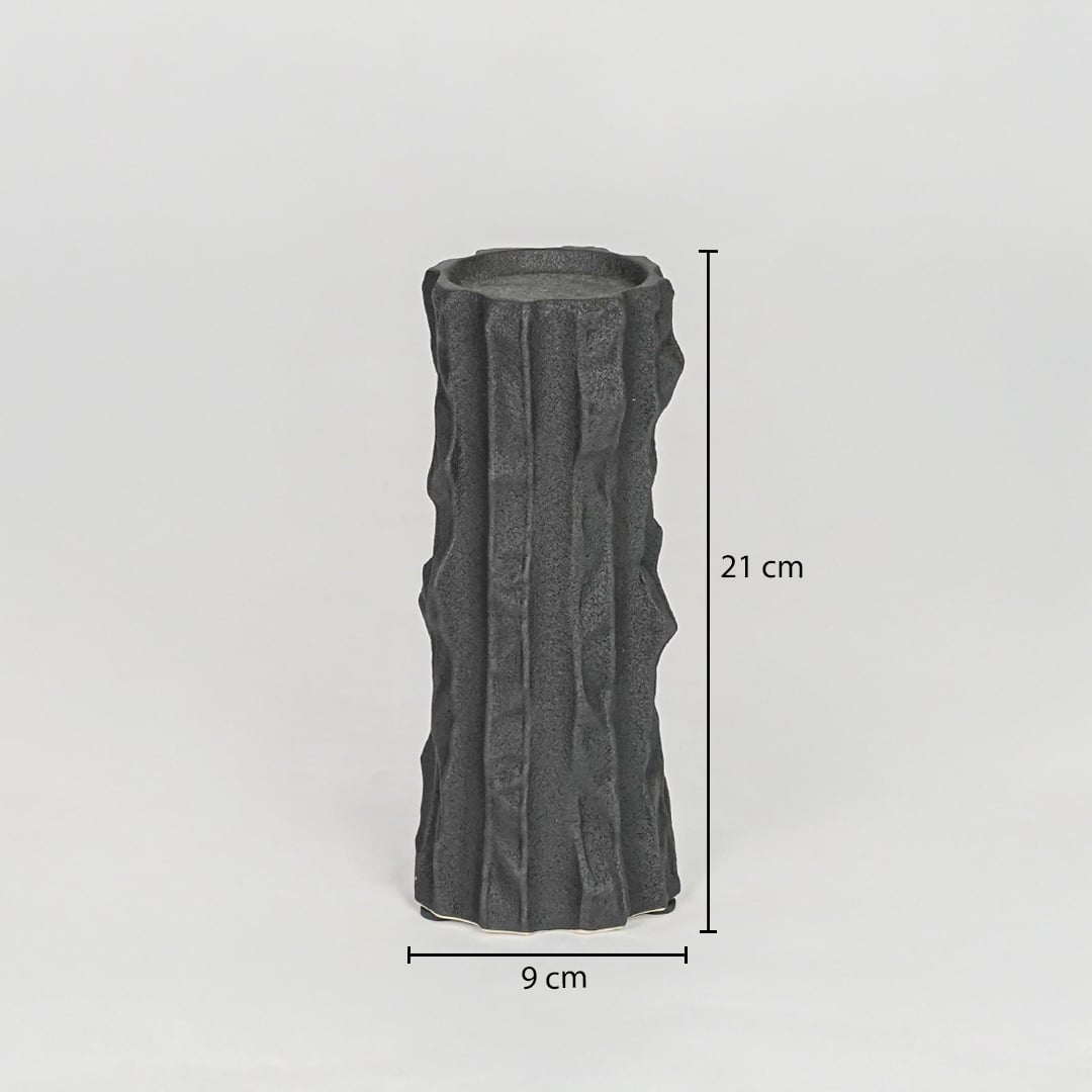 Black ceramic decorative candle holder size 11 cm height 9 cm length modern textured candle stand dimension reference image.