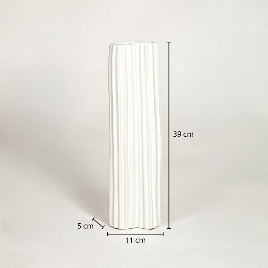 Dimension image of tall matte white ribbed ceramic cylinder vase with vertical fluting showing 39 cm height and 11 cm width.
