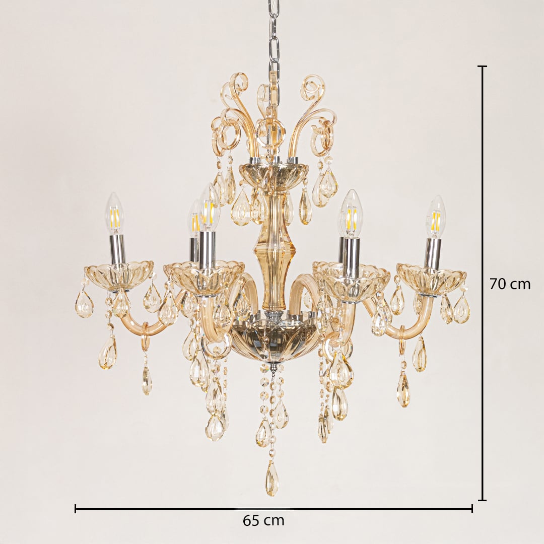Golden crystal chandelier sized 70 cm height and 65 cm width ideal for elegant living room or dining room ceiling lighting.