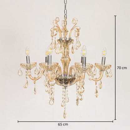 Golden crystal chandelier sized 70 cm height and 65 cm width ideal for elegant living room or dining room ceiling lighting.