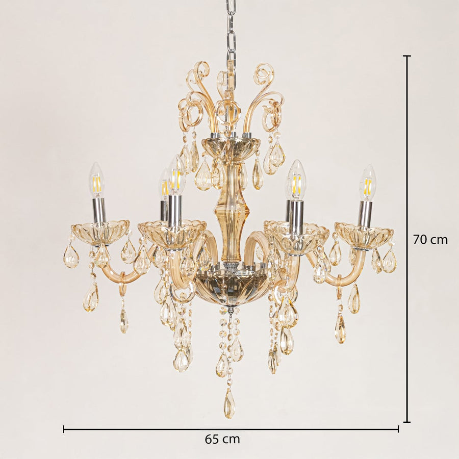 Golden crystal chandelier sized 70 cm height and 65 cm width ideal for elegant living room or dining room ceiling lighting.