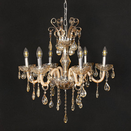 Golden crystal chandelier shown on black background highlighting premium detailing for elegant modern interiors.