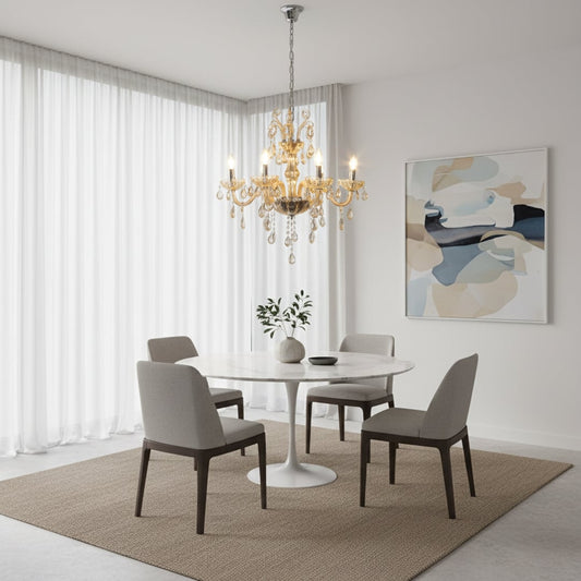 Golden crystal chandelier adds warm elegant lighting to living room or dining room ceilings creating a luxurious ambience.