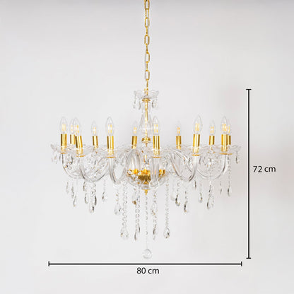 Crystal chandelier with gold finish shown with 80 cm width and 72 cm height for stylish luxury decorative lighting.