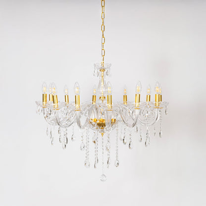 Classic chandelier with gold detailing and crystal droplets displayed off on white background for stylish lighting.