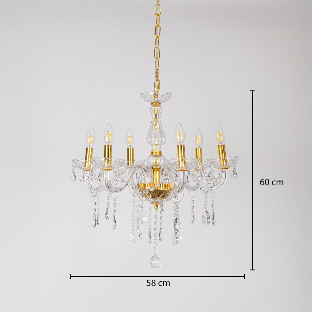 Crystal chandelier with gold frame multiple arms and crystal drops size 58cm height 60cm width 58cm depth displayed with measurements.