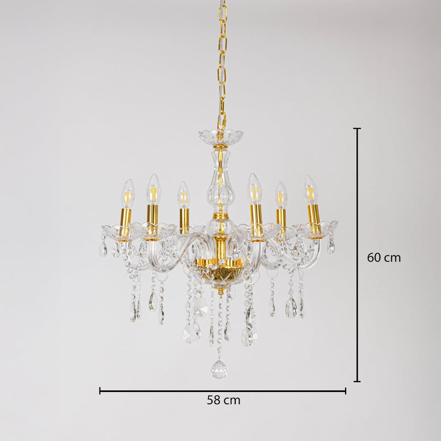 Crystal chandelier with gold frame multiple arms and crystal drops size 58cm height 60cm width 58cm depth displayed with measurements.