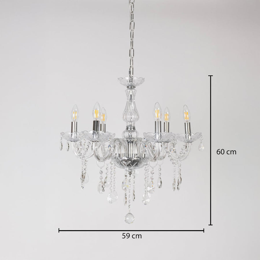Crystal chandelier with measurements 60 cm height and 59 cm width showing elegant design on white background.