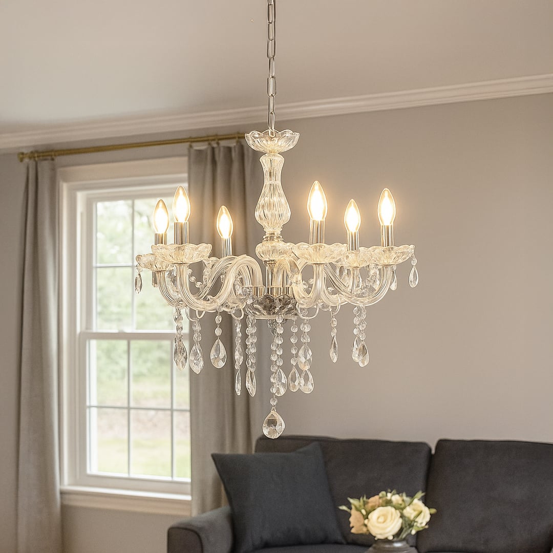Crystal chandelier glowing above a beige sofa with wall mirror and framed art adding elegance to modern living room.