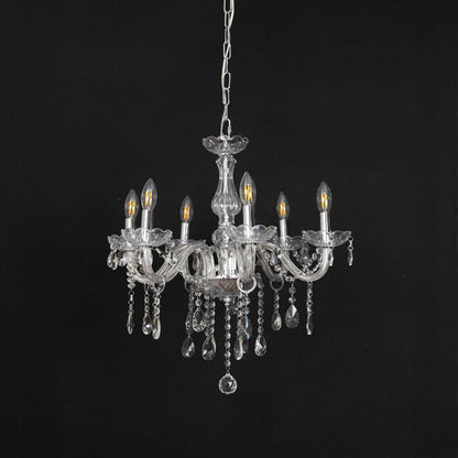 Crystal chandelier with lights off featuring decorative glass body and crystal hanging drops on black background.