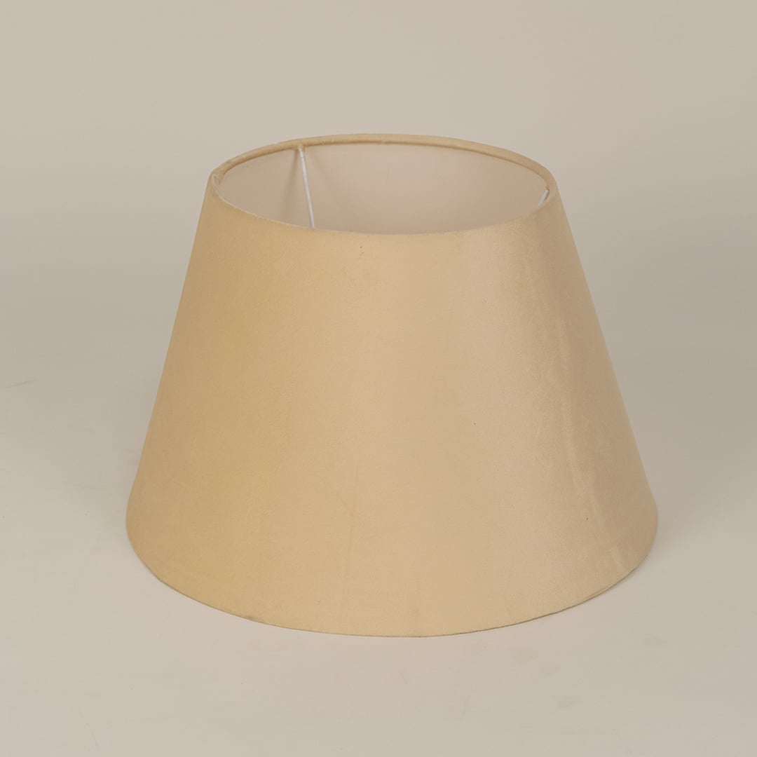 Beige velvet lampshade shown on a clean white background highlighting its smooth fabric texture and modern wide bottom design.