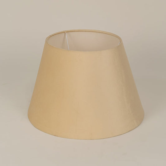 Beige velvet lampshade shown on a clean white background highlighting its smooth fabric texture and modern wide bottom design.