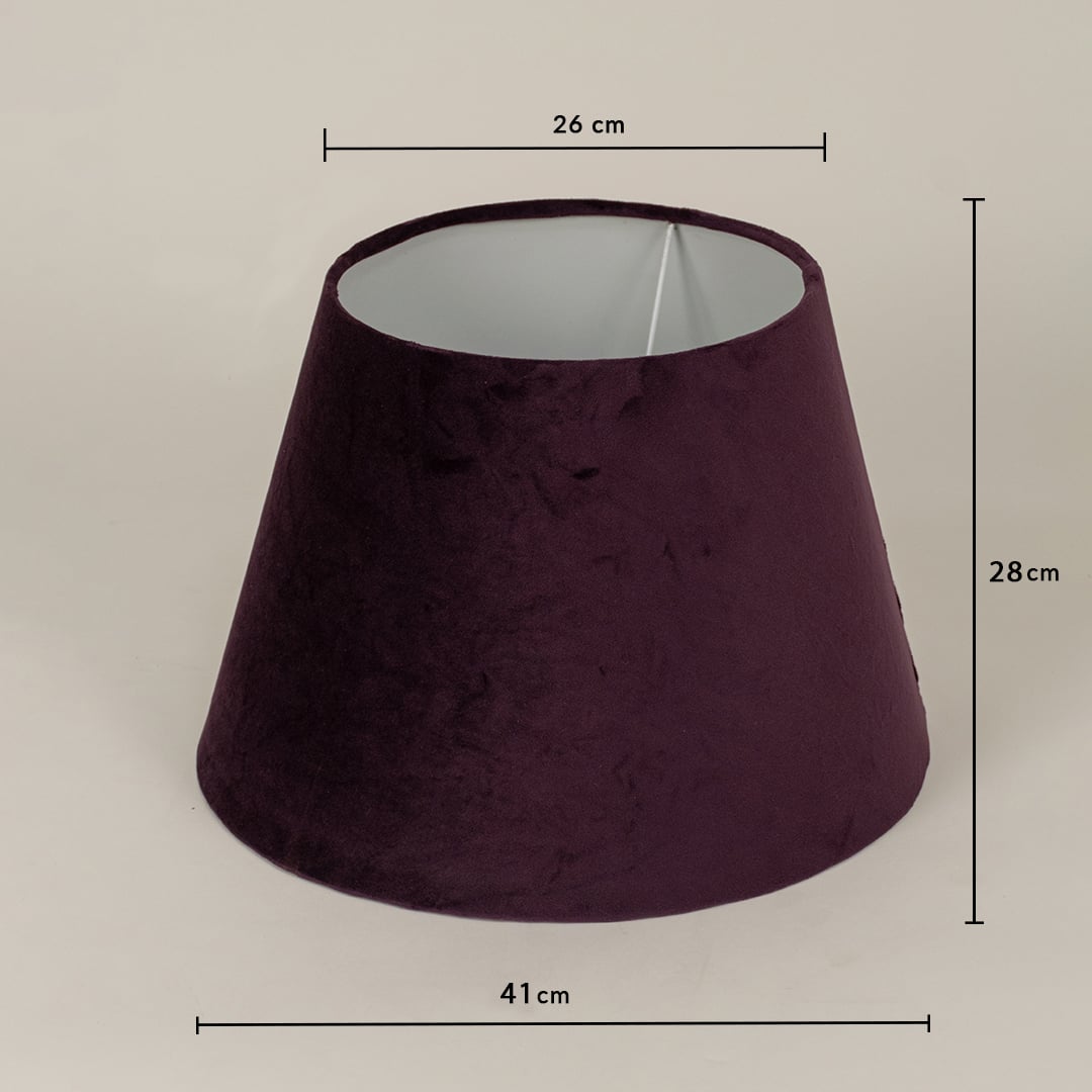 Plum velvet lampshade displayed with height 28 cm and width 26 cm measurements shown clearly on a plain background for reference.