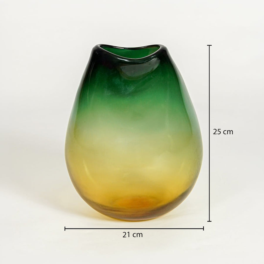 Green amber gradient glass vase dimension image showing 25 cm height and 21 cm width decorative glass accent for table styling.