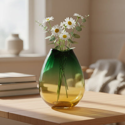 Green and amber glass vase styled on living room table modern decorative glass accent for shelf console or center table styling.