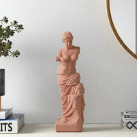 Terracotta resin lady sculpture decor accent placed on console table for elegant modern home decor styling.