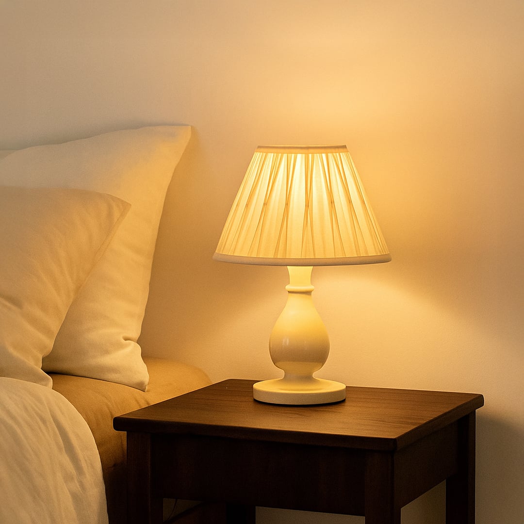 Cream pleated lampshade styled in a cozy living space adding soft elegance and warm ambient lighting for a refined decorative touch.