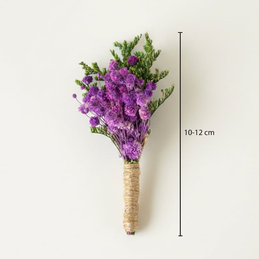 Purple dried flower bouquet with green accents showing height 10 to 12 cm perfect for tabletop vase and natural home Decor.