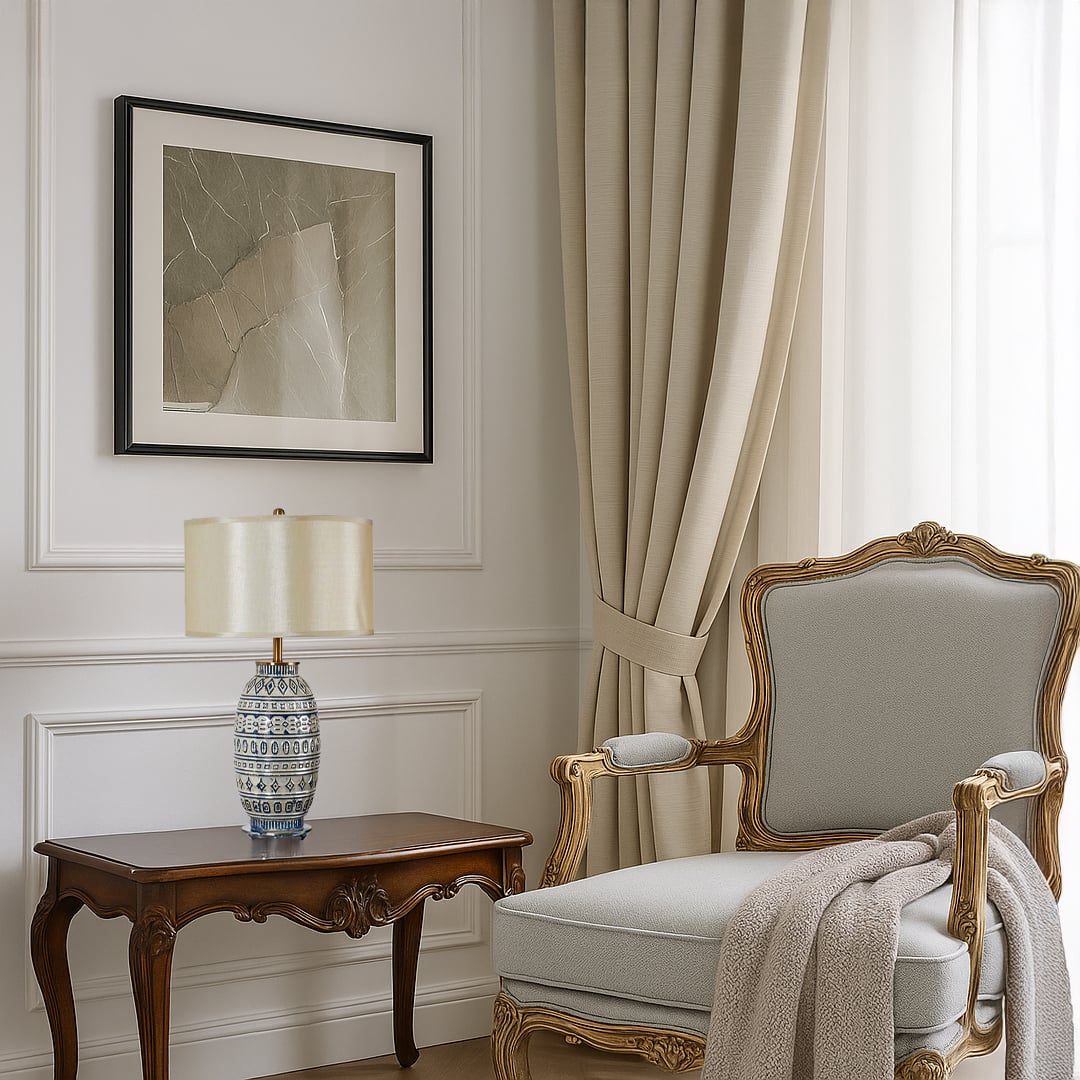 Decorative ceramic table lamp styled on a wooden console against detailed wall panels creating a warm luxurious look in a traditional interior.