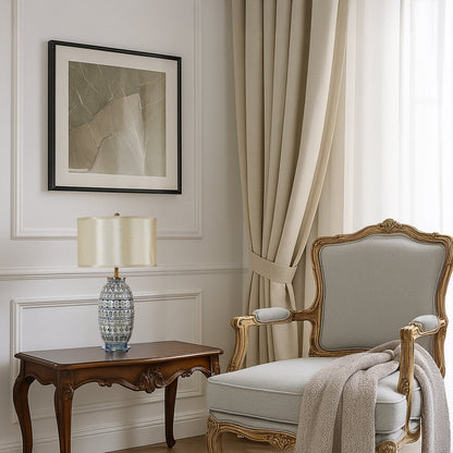 Decorative ceramic table lamp styled on a wooden console against detailed wall panels creating a warm luxurious look in a traditional interior.