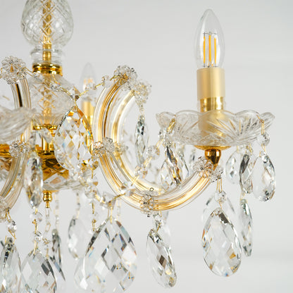 Closeup image of elegant crystal chandelier for modern dining room decor styling with elegant crystal detailings.