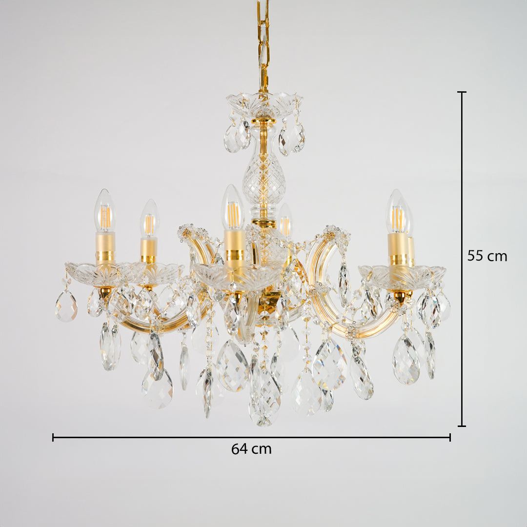 Dimension image of elegant crystal chandelier for modern dining room decor styling with precise size measurement.