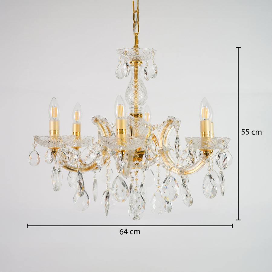 Dimension image of elegant crystal chandelier for modern dining room decor styling with precise size measurement.
